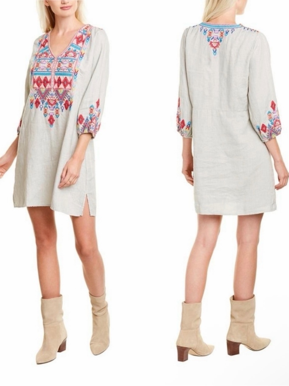 Johnny Was Laurelle Paneled Peasant Dress Linen Embroidered Tunic NWT Large